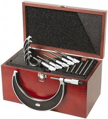 Starrett - 0 to 6" Range, 6 Piece Mechanical Outside Micrometer Set - 0.0001" Graduation, Ratchet Stop Thimble, Carbide Tipped Face - Americas Industrial Supply