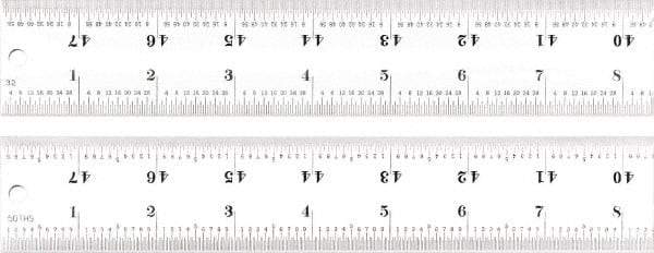Starrett - 48" Long, 1/100, 1/64, 1/50, 1/32" Graduation, Rigid Spring Steel Rule - 16R Graduation Style, 1-1/2" Wide, Silver, Satin Chrome Finish - Americas Industrial Supply