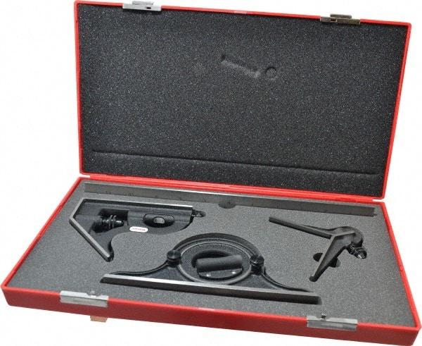 Starrett - 4 Piece, 12" Combination Square Set - 1/100, 1/32, 1/50 & 1/64" (16R) Graduation, Steel Blade, Cast Iron Center, Protractor & Square Head - Americas Industrial Supply