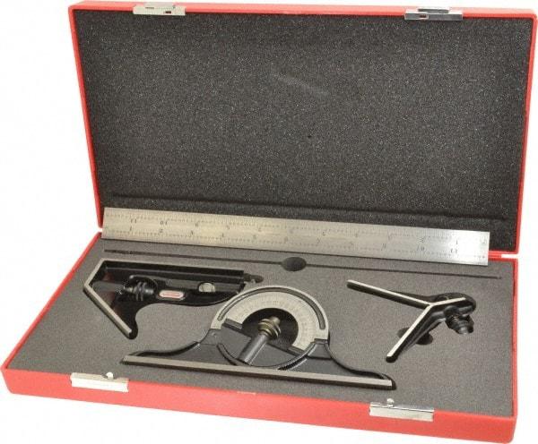 Starrett - 4 Piece, 12" Combination Square Set - 1/16, 1/32, 1/64 & 1/8" (4R) Graduation, Steel Blade, Forged Steel Center, Protractor & Square Head - Americas Industrial Supply