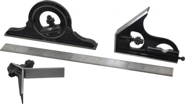 Starrett - 4 Piece, 12" Combination Square Set - 1/100, 1/32, 1/50 & 1/64" (16R) Graduation, Steel Blade, Forged Steel Center, Protractor & Square Head - Americas Industrial Supply