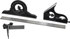 Starrett - 4 Piece, 12" Combination Square Set - 1/100, 1/32, 1/50 & 1/64" (16R) Graduation, Steel Blade, Forged Steel Center, Protractor & Square Head - Americas Industrial Supply