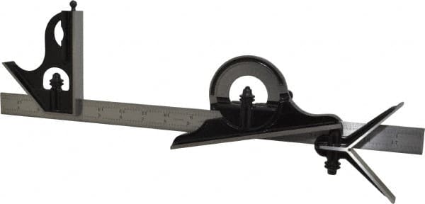 Starrett - 4 Piece, 18" Combination Square Set - 1/16, 1/32, 1/64 & 1/8" (4R) Graduation, Steel Blade, Forged Steel Center, Protractor & Square Head - Americas Industrial Supply