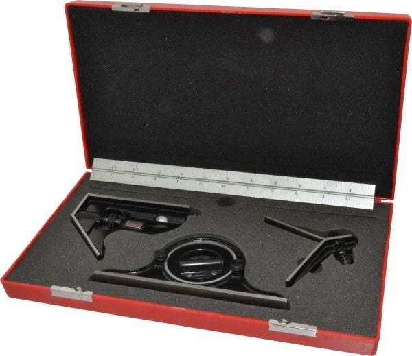 Starrett - 4 Piece, 12" Combination Square Set - 1/16, 1/32, 1/64 & 1/8" (4R) Graduation, Steel Blade, Forged Steel Center, Protractor & Square Head - Americas Industrial Supply