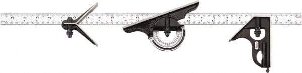 Starrett - 4 Piece, 24" Combination Square Set - 1/100, 1/32, 1/50 & 1/64" (16R) Graduation, Hardened Steel Blade, Cast Iron & Forged Steel Center, Protractor & Square Head - Americas Industrial Supply