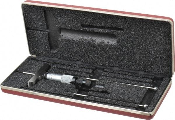 Starrett - 0 to 3" Range, 3 Rod, Mechanical Depth Micrometer - Ratchet Stop Thimble, 2-1/2" Base Length, 0.01mm Graduation, 1/8" Rod Diam - Americas Industrial Supply