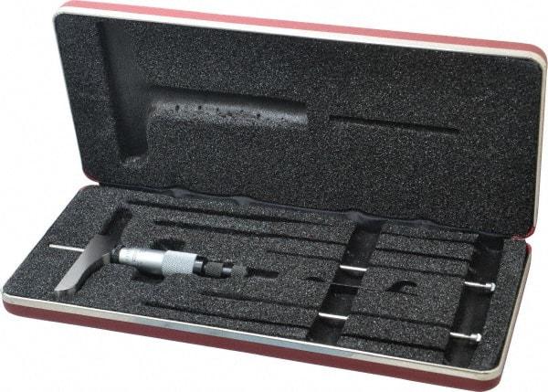 Starrett - 0 to 3" Range, 3 Rod, Satin Chrome Finish Mechanical Depth Micrometer - Ratchet Stop Thimble, 2" Base Length, 0.01mm Graduation, 5/32" Rod Diam - Americas Industrial Supply