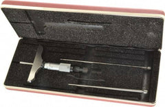 Starrett - 0 to 3" Range, 3 Rod, Satin Chrome Finish Mechanical Depth Micrometer - Ratchet Stop Thimble, 3" Base Length, 0.01mm Graduation, 5/32" Rod Diam - Americas Industrial Supply