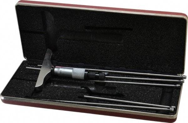 Starrett - 0 to 6" Range, 6 Rod, Satin Chrome Finish Mechanical Depth Micrometer - Ratchet Stop Thimble, 3" Base Length, 0.01mm Graduation, 5/32" Rod Diam - Americas Industrial Supply