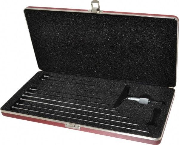 Starrett - 0 to 9" Range, 9 Rod, Satin Chrome Finish Mechanical Depth Micrometer - Ratchet Stop Thimble, 4" Base Length, 0.01mm Graduation, 5/32" Rod Diam - Americas Industrial Supply