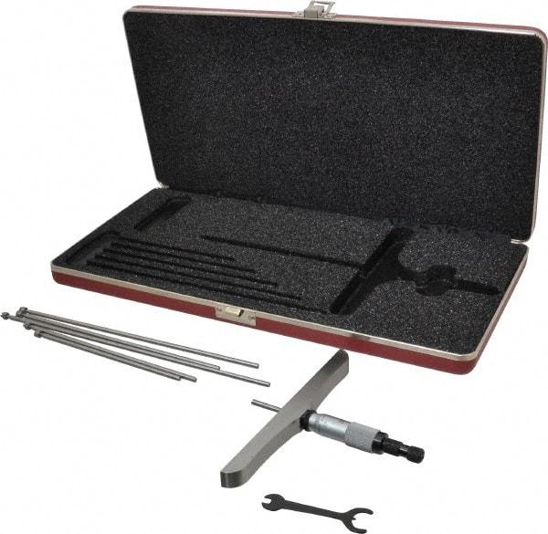 Starrett - 0 to 6" Range, 6 Rod, Satin Chrome Finish Mechanical Depth Micrometer - Ratchet Stop Thimble, 6" Base Length, 0.01mm Graduation, 5/32" Rod Diam - Americas Industrial Supply