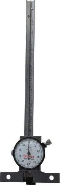 Starrett - 0 to 6 Inch Range, Stainless Steel, White Dial Depth Gage - 0.001 Inch Graduation, 0.001 Inch Accuracy, 2-3/4 Inch Base Measuring Length - Americas Industrial Supply