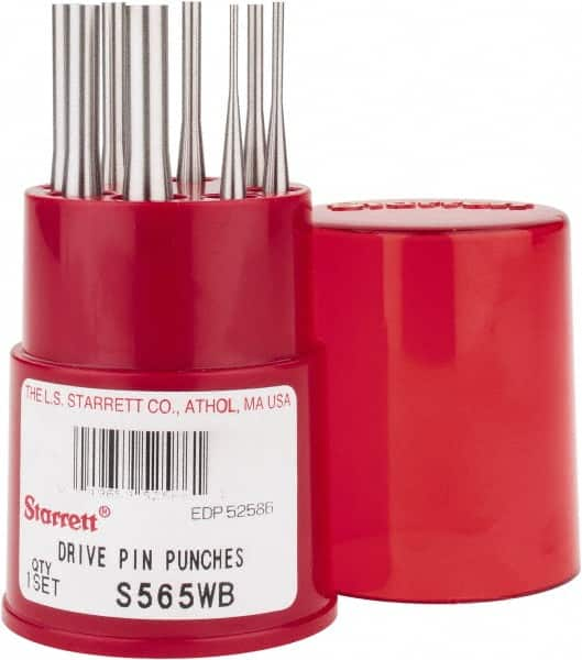 Starrett - 8 Piece, 1/16 to 5/16", Pin Punch Set - Round Shank, Comes in Round Container - Americas Industrial Supply