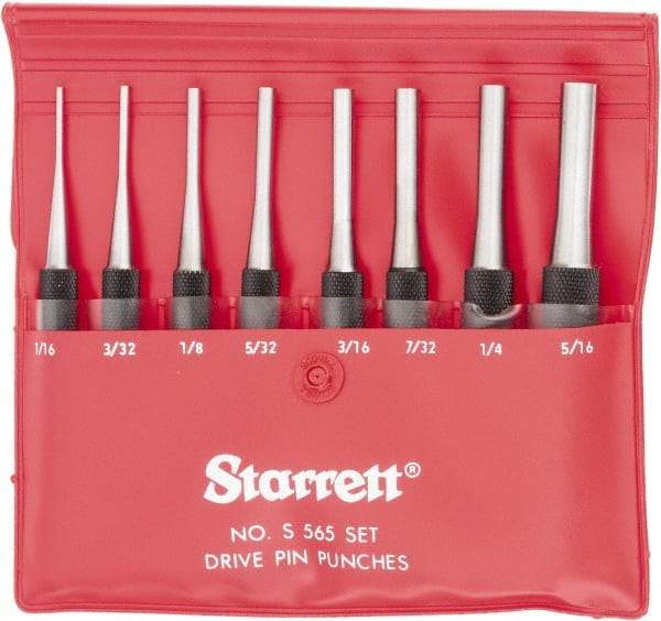 Starrett - 8 Piece, 1/16 to 5/16", Pin Punch Set - Round Shank, Comes in Vinyl Pouch - Americas Industrial Supply