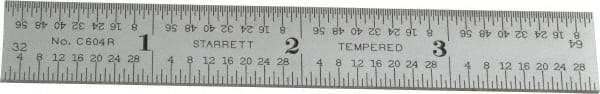 Starrett - 4" Long, 1/64, 1/32, 1/16, 1/8" Graduation, Rigid Spring Steel Rule - 4R Graduation Style, 5/8" Wide, Silver, Satin Chrome Finish - Americas Industrial Supply