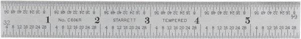 Starrett - 6" Long, 1/64, 1/32, 1/16, 1/8" Graduation, Rigid Spring Steel Rule - 4R Graduation Style, 3/4" Wide, Silver, Satin Chrome Finish - Americas Industrial Supply