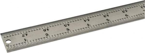 Starrett - 48" Long, 1/64, 1/32, 1/16, 1/8" Graduation, Rigid Spring Steel Rule - 4R Graduation Style, 1-1/4" Wide, Silver, Satin Chrome Finish - Americas Industrial Supply