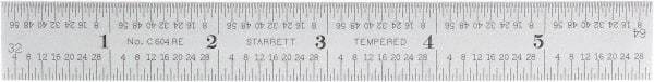 Starrett - 6" Long, 1/64, 1/32, 1/16, 1/8" Graduation, Rigid Spring Steel Rule - 4R Graduation Style, 3/4" Wide, Silver, Satin Chrome Finish - Americas Industrial Supply