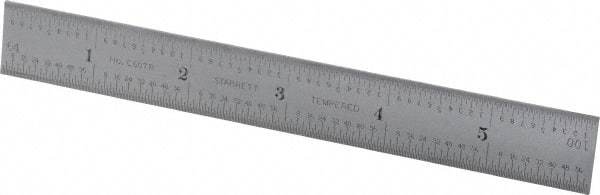 Starrett - 6" Long, 1/100, 1/64, 1/32, 1/16" Graduation, Rigid Spring Steel Rule - 7R Graduation Style, 3/4" Wide, Silver, Satin Chrome Finish - Americas Industrial Supply