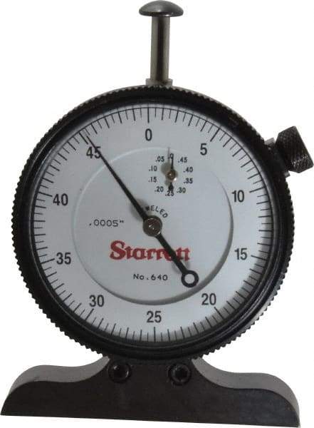 Starrett - 0 to 1/2 Inch Range, White Dial Depth Gage - 0.0005 Inch Graduation, 2-1/2 Inch Base Measuring Length - Americas Industrial Supply