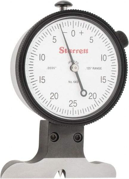 Starrett - 0 to 1/8 Inch Range, Ground Steel, White Dial Depth Gage - 0.0005 Inch Graduation, 0.001 Inch Accuracy, 2-1/2 Inch Base Measuring Length - Americas Industrial Supply