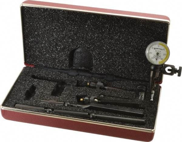 Starrett - 11 Piece, 0mm to 0.7mm Measuring Range, 15/16" Dial Diam, 0-35-0 Dial Reading, White & Yellow Dial Test Indicator Kit - 5/32" Contact Point Length, 0.9, 1.6 & 3mm Ball Diam, 0.01mm Dial Graduation - Americas Industrial Supply