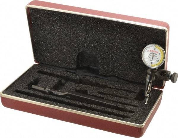 Starrett - 4 Piece, 0" to 0.03" Measuring Range, 15/16" Dial Diam, 0-15-0 Dial Reading, White & Yellow Dial Test Indicator Kit - 5/32" Contact Point Length, 3mm Ball Diam, 0.0005" Dial Graduation - Americas Industrial Supply