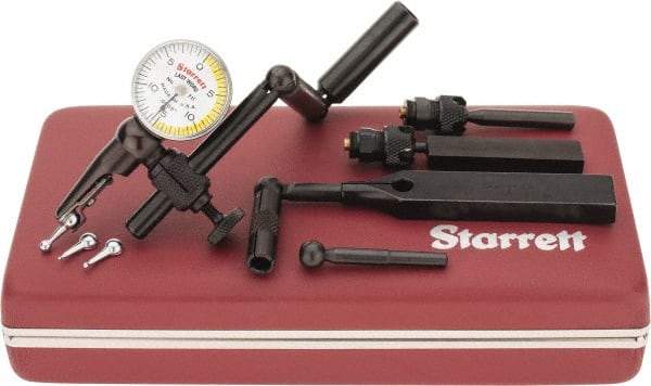 Starrett - 11 Piece, 0" to 0.03" Measuring Range, 15/16" Dial Diam, 0-15-0 Dial Reading, White & Yellow Dial Test Indicator Kit - 5/32" Contact Point Length, 0.9, 1.6 & 3mm Ball Diam, 0.0005" Dial Graduation - Americas Industrial Supply