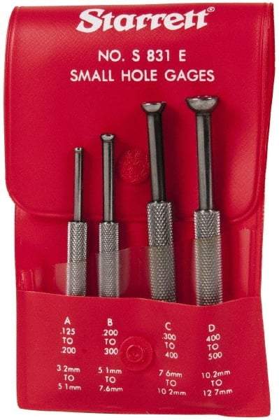 Starrett - 1/8 to 1/2 Inch Measurement, Small Hole Gage Set - 2-13/16, 3-1/8, 3-3/8 and 3-1/2 Inch Long, Half Ball, Includes Case - Americas Industrial Supply