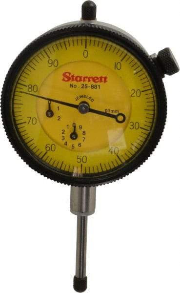 Starrett - 25mm Range, 0-100 Dial Reading, 0.01mm Graduation Dial Drop Indicator - 2-1/4" Dial, 1mm Range per Revolution, Revolution Counter - Americas Industrial Supply