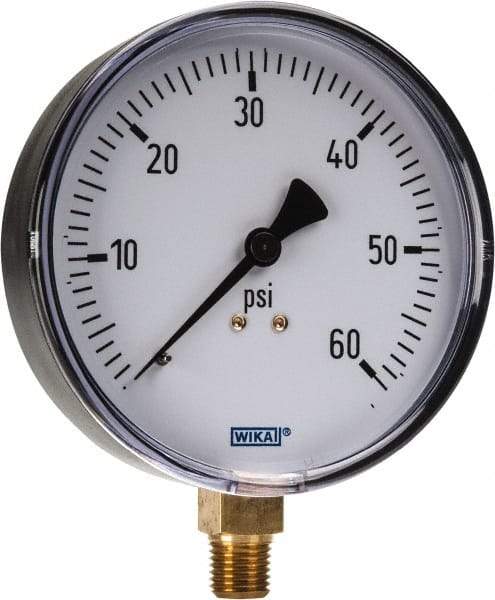 Wika - 4" Dial, 1/4 Thread, 0-60 Scale Range, Pressure Gauge - Lower Connection Mount, Accurate to 3-2-3% of Scale - Americas Industrial Supply