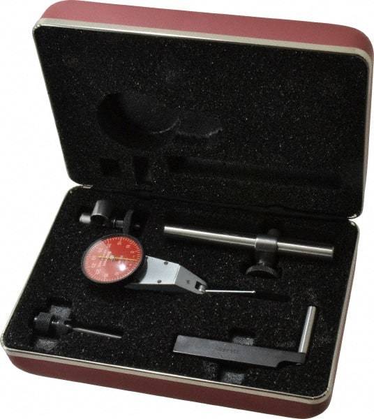 Starrett - 7 Piece, 0" to 0.06" Measuring Range, 1-3/8" Dial Diam, 0-30-0 Dial Reading, Red Dial Test Indicator Kit - 1-5/16" Contact Point Length, 2mm Ball Diam, 0.001" Dial Graduation - Americas Industrial Supply