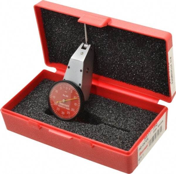 Starrett - 0.06 Inch Range, 0.001 Inch Dial Graduation, Horizontal Dial Test Indicator - 1-3/8 Inch Red Dial, 0-30-0 Dial Reading - Americas Industrial Supply