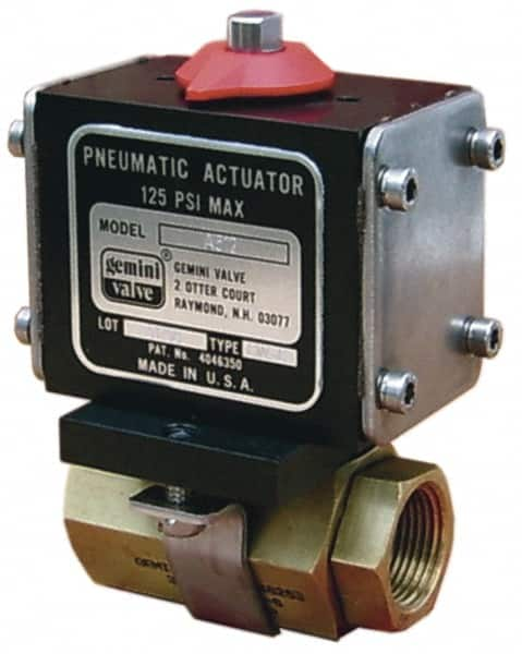 Gemini Valve - 3/4" Pipe, 720 psi WOG Rating Brass Pneumatic Double Acting with Solenoid Actuated Ball Valve - Reinforced PTFE Seal, Standard Port, Threaded (NPT) End Connection - Americas Industrial Supply