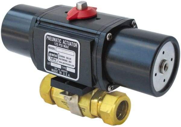 Gemini Valve - 3/4" Pipe, 1,000 psi WOG Rating Brass Pneumatic Spring Return with Solenoid Actuated Ball Valve - Reinforced PTFE Seal, Standard Port, TYLOK (Compression) End Connection - Americas Industrial Supply