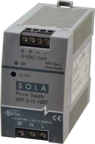 Sola/Hevi-Duty - 100 Watt, 4.2 to 3.4 Amp, 264 VAC, 375 VDC Input, 12 to 15 VDC Output, DIN Rail Power Supply - Screw Terminal Connection, 1 Output, 1.77 Inch Wide x 3.58 Inch Deep x 2.95 Inch High, Up to 86% Efficiency, 14 to 140°F, Green LED Display - Americas Industrial Supply