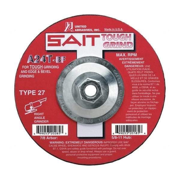 Sait - 24 Grit, 9" Wheel Diam, 1/4" Wheel Thickness, Type 27 Depressed Center Wheel - Aluminum Oxide, Resinoid Bond, T Hardness, 6,600 Max RPM, Compatible with Angle Grinder - Americas Industrial Supply