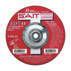 Sait - 24 Grit, 7" Wheel Diam, 1/4" Wheel Thickness, Type 27 Depressed Center Wheel - Aluminum Oxide, Resinoid Bond, T Hardness, 8,500 Max RPM, Compatible with Angle Grinder - Americas Industrial Supply