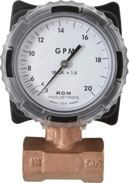 Made in USA - 1" NPT Port RCM Industries Flo-Gage Flowmeter - 180 Max psi, 3 to 20 GPM, Bronze - Americas Industrial Supply