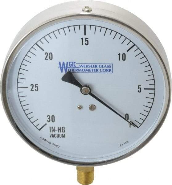 WGTC - 4-1/2" Dial, 1/4 Thread, 30-0 Scale Range, Pressure Gauge - Lower Connection Mount, Accurate to 1% of Scale - Americas Industrial Supply