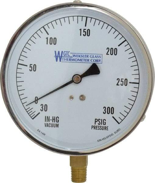 WGTC - 4-1/2" Dial, 1/4 Thread, 30-0-300 Scale Range, Pressure Gauge - Lower Connection Mount, Accurate to 1% of Scale - Americas Industrial Supply