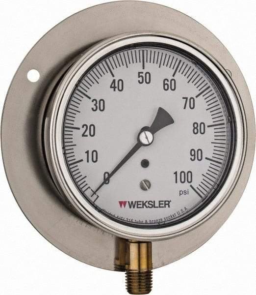 Made in USA - 3-1/2" Dial, 1/4 Thread, 0-100 Scale Range, Pressure Gauge - Lower Connection Mount, Accurate to 1% of Scale - Americas Industrial Supply