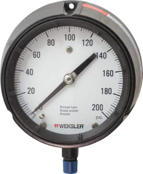 Made in USA - 4-1/2" Dial, 1/4 Thread, 0-200 Scale Range, Pressure Gauge - Lower Connection Mount, Accurate to 1% of Scale - Americas Industrial Supply