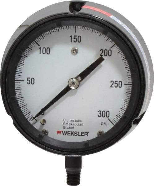 Made in USA - 4-1/2" Dial, 1/4 Thread, 0-300 Scale Range, Pressure Gauge - Lower Connection Mount, Accurate to 1% of Scale - Americas Industrial Supply