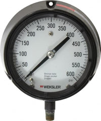 Made in USA - 4-1/2" Dial, 1/4 Thread, 0-600 Scale Range, Pressure Gauge - Lower Connection Mount, Accurate to 1% of Scale - Americas Industrial Supply