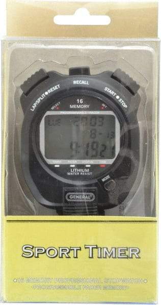 General - Large Display with 16 Memory Stop Watch - Black - Americas Industrial Supply