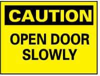 NMC - Caution - Open Door Slowly, Rigid Plastic Fire and Exit Sign - 14" Wide x 10" High - Americas Industrial Supply