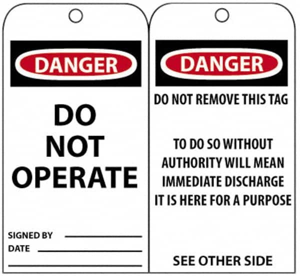 NMC - 3" High x 6" Long, DANGER - DO NOT OPERATE, English Safety & Facility Accident Prevention Tag - Tag Header: Danger, 2 Sides, Black, Red & White Unrippable Vinyl - Americas Industrial Supply