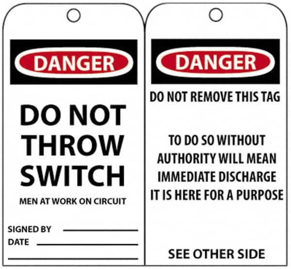 NMC - 3" High x 6" Long, DANGER - DO NOT THROW SWITCH, English Safety & Facility Accident Prevention Tag - Tag Header: Danger, 2 Sides, Black, Red & White Unrippable Vinyl - Americas Industrial Supply