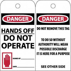 NMC - 3" High x 6" Long, DANGER - HANDS OFF - DO NOT OPERATE, English Safety & Facility Accident Prevention Tag - Tag Header: Danger, 2 Sides, Black, Red & White Unrippable Vinyl - Americas Industrial Supply